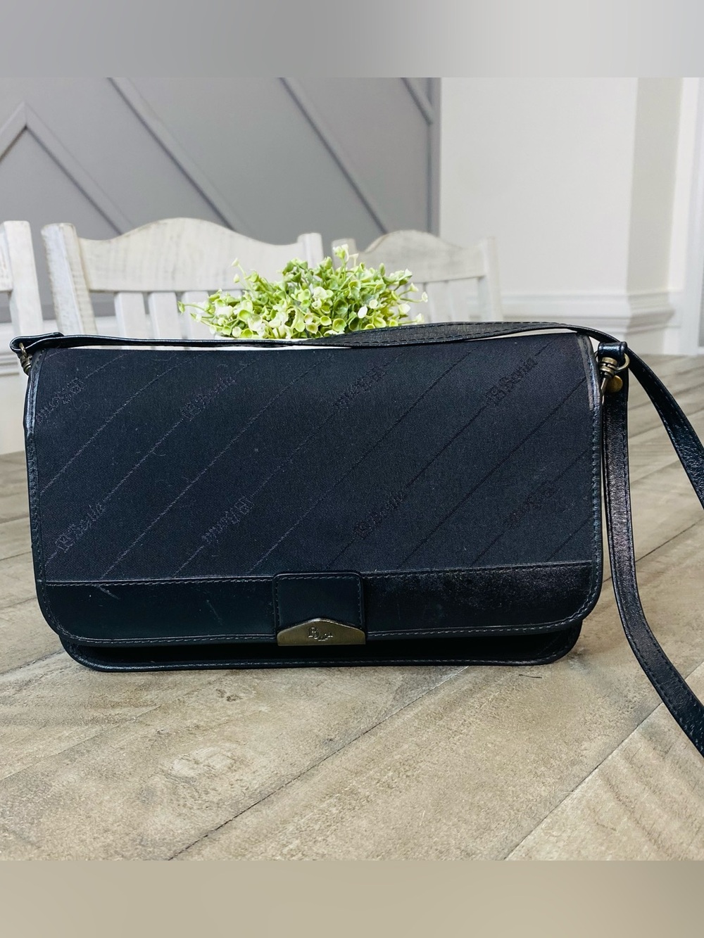 Vintage BONIA Black Monogram Canvas Leather Trim Crossbody Shoulder Bag